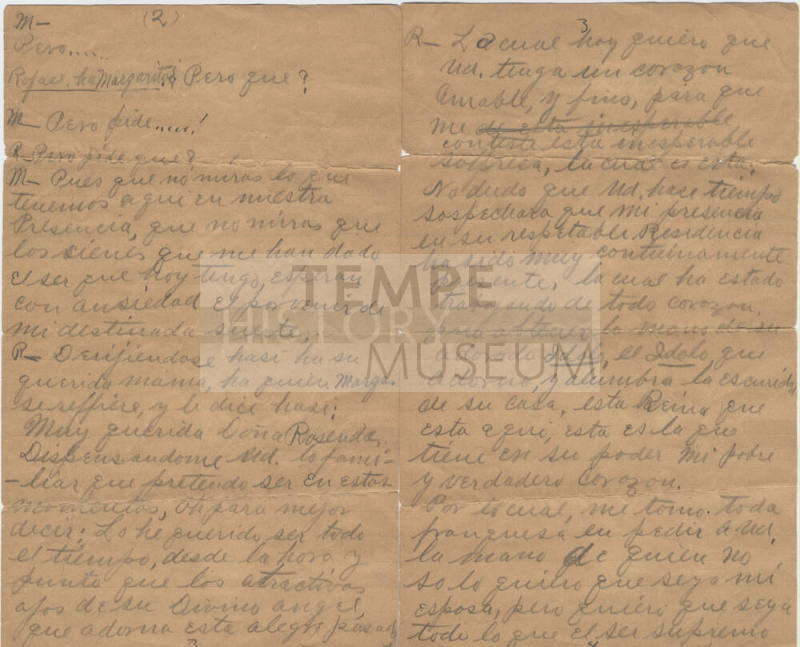 Handwritten dialogue between "Rafael" and "Margarita"