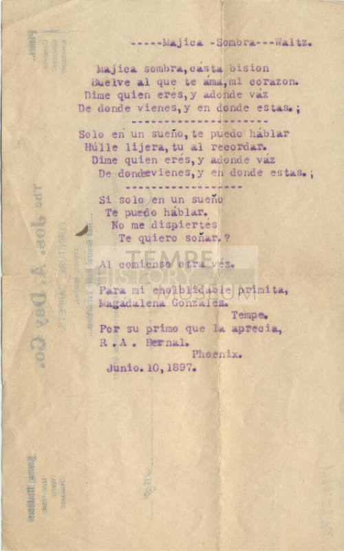 Poem typewritten to Magdalena Gonzalez from R.A. Bernal, 1897