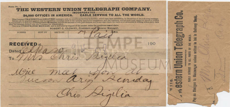 Western Union Telegram to Mrs. Chris Sigala