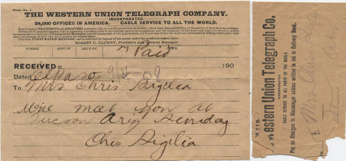 Western Union Telegram to Mrs. Chris Sigala