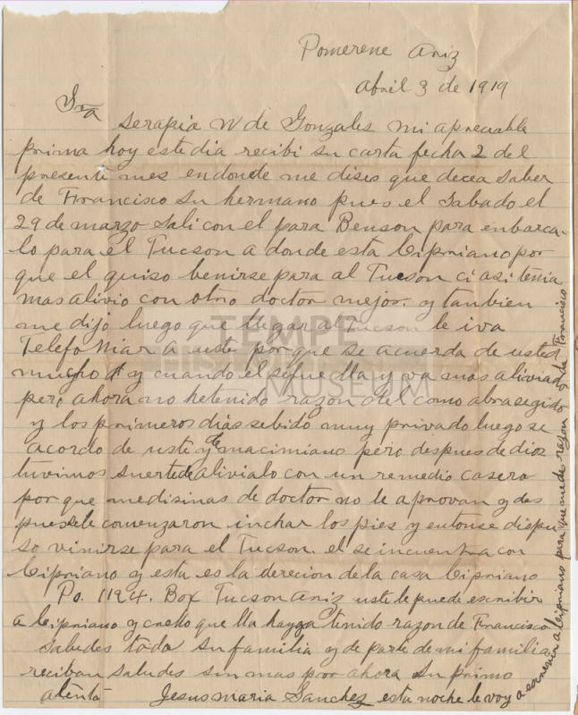 Letter to Serapia W. de Gonzales