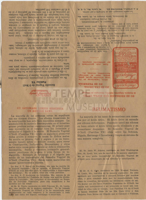 Spanish advertisement for O'Neill's Vegetable Remedy tablets