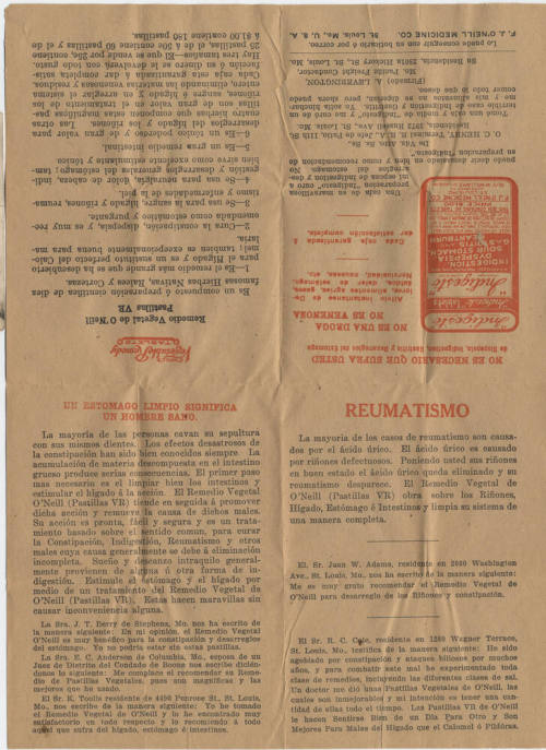 Spanish advertisement for O'Neill's Vegetable Remedy tablets