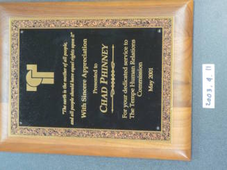 Award plaque given to donor for work for Human Relations Commission May 2001