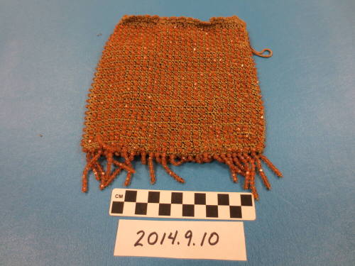 Square green-gold crocheted purse with dark gold plastic beads