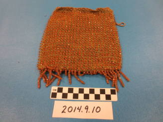 Square green-gold crocheted purse with dark gold plastic beads