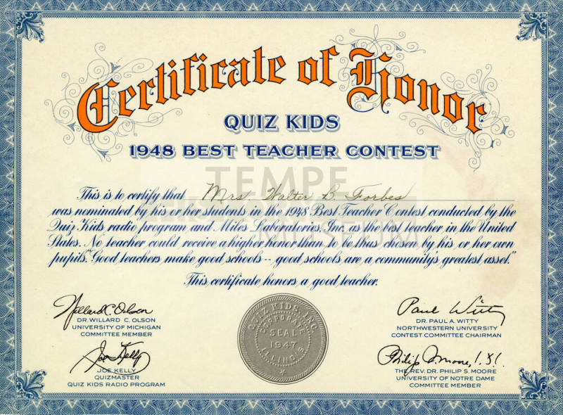 Certificate of Honor- Quiz Kids