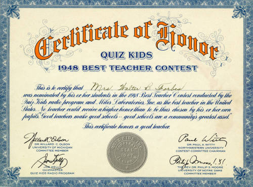 Certificate of Honor- Quiz Kids