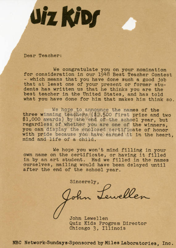 Letter from Quiz Kids to Teacher