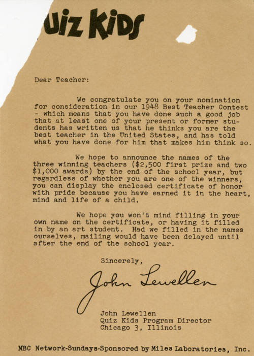 Letter from Quiz Kids to Teacher