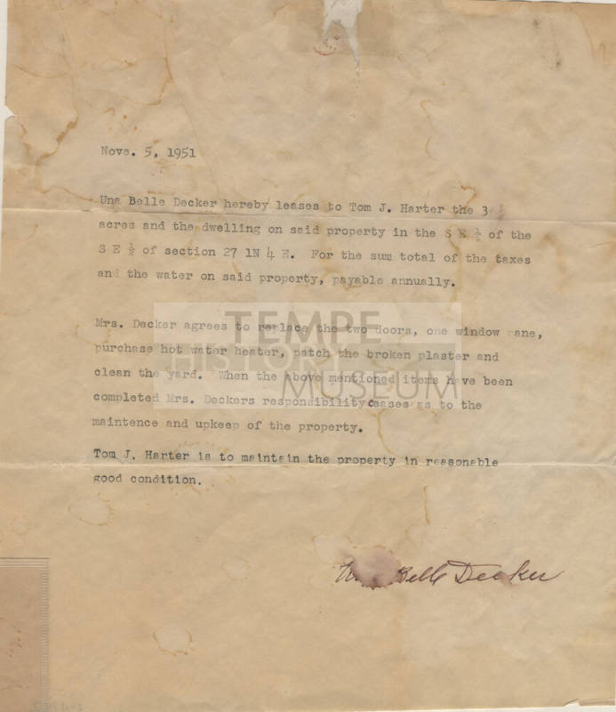 Lease from Una Belle Decker to Tom Harter for Petersen House