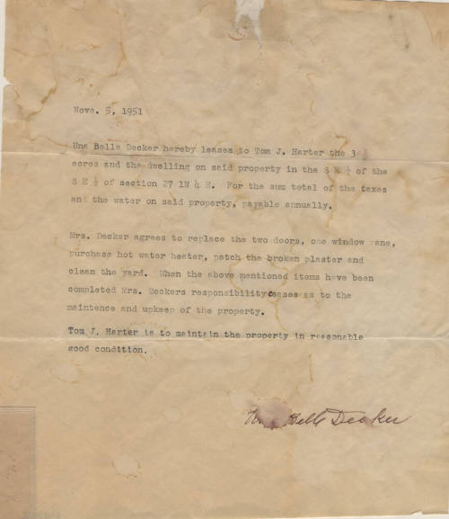 Lease from Una Belle Decker to Tom Harter for Petersen House