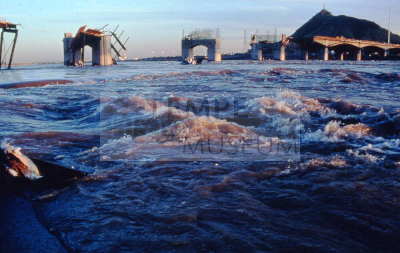 Bridge piers and destroyed framework for the new Mill Avenue Bridge during the flood.