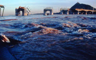 Bridge piers and destroyed framework for the new Mill Avenue Bridge during the flood.