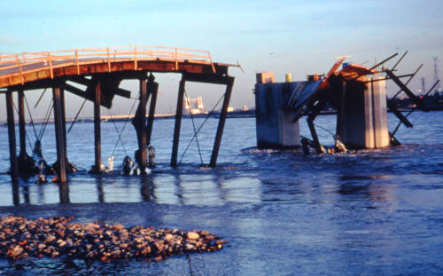 Remains of the framework for building the new Mill Avenue Bridge.