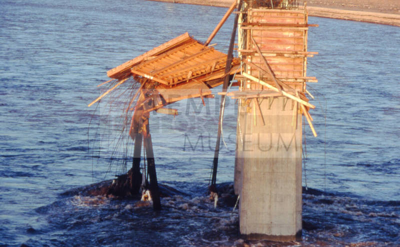 Pier and remains of framework for new bridge span.