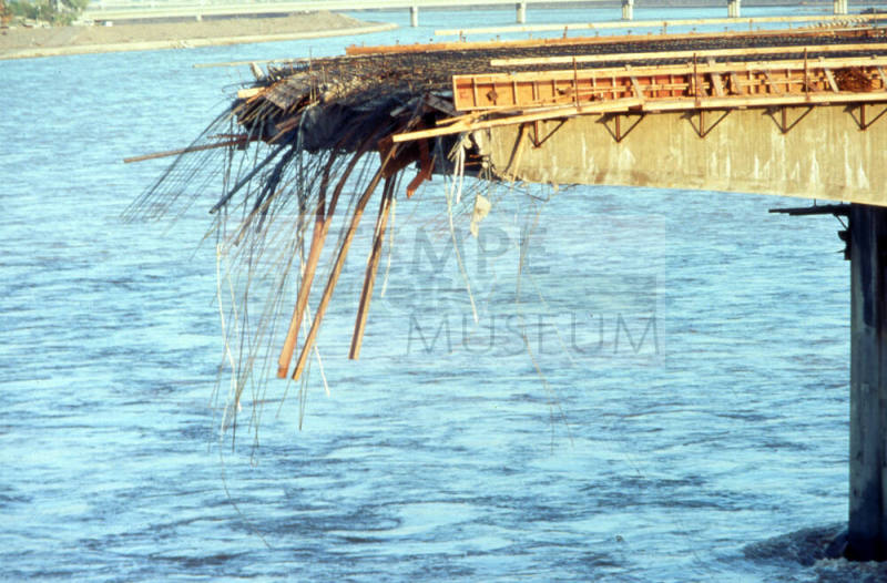 Closeup of bridge destruction.
