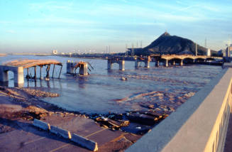 Looking SSE towards Tempe Butte at remains of new Mill Avenue Bridge under construction due to flood.