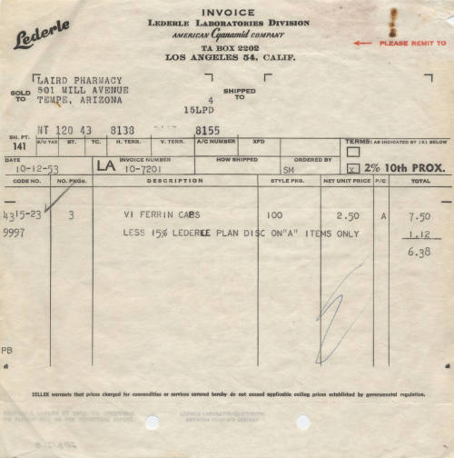 Lederle Laboratories Invoice to Laird and Dines