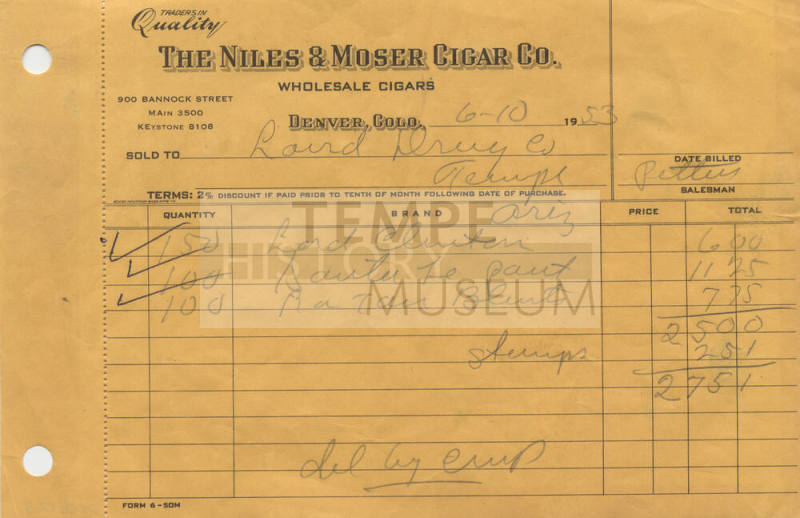 Niles and Moser Cigar Co. Invoice to Laird Drugs