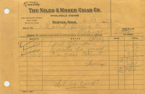 Niles and Moser Cigar Co. Invoice to Laird Drugs