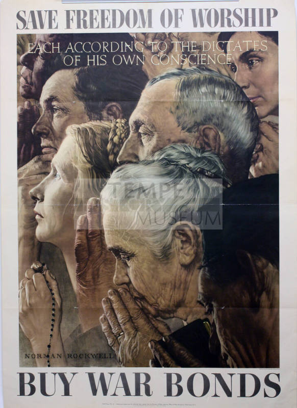 WW II Norman Rockwell Poster - Save Freedom of Worship  Buy War Bonds