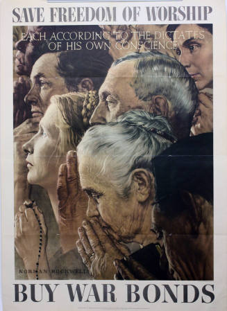 WW II Norman Rockwell Poster - Save Freedom of Worship  Buy War Bonds
