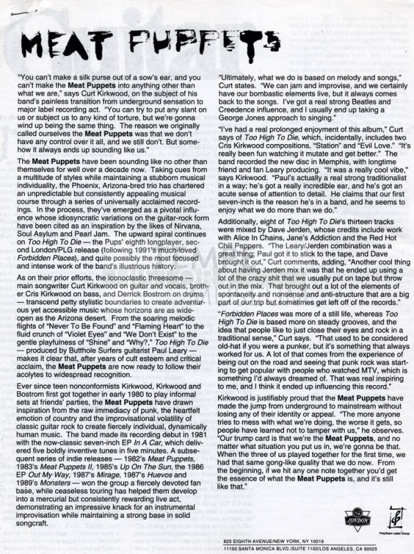 Meat Puppets Album "Too High to Die" Press Packet