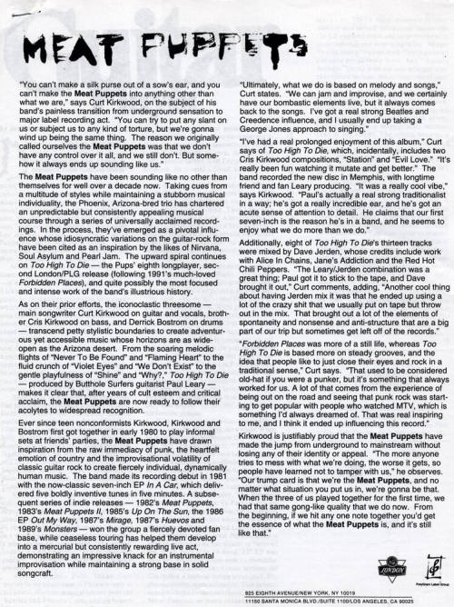 Meat Puppets Album "Too High to Die" Press Packet