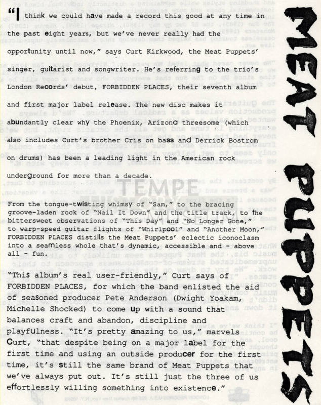 Meat Puppets Press Release for Album "Hidden Places"