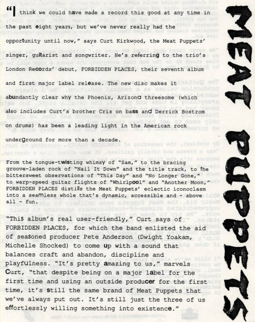 Meat Puppets Press Release for Album "Hidden Places"