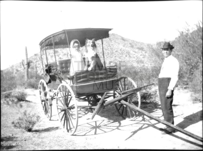 Dorothy and dog in covered wagon in desert