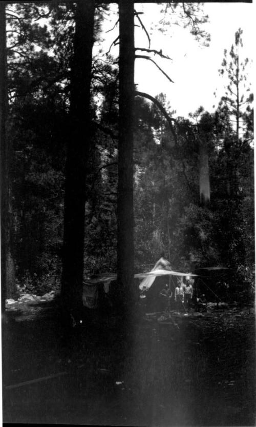 tent in campsite with 3 figures in front