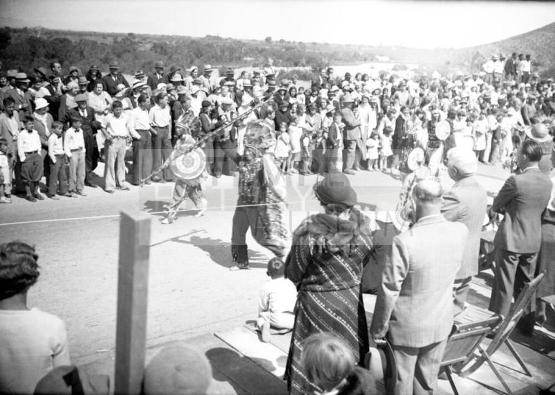 Negative - Two Native Americans participating in parade during Dedication of Tempe, Mill Ave Bridge
