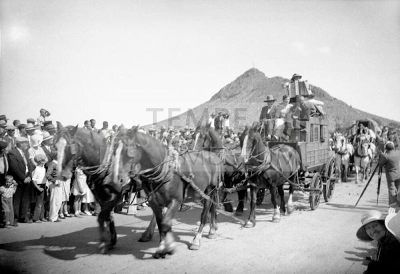 Negative - Stagecoach ready to cross bridge during Dedication of Tempe, Mill Ave Bridge c. 1933