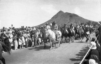 Negative - Riders and horses cross bridge during Dedication of Tempe, Mill Ave Bridge c. 1933