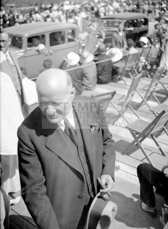 Negative - Governor Moeur shaking hands during Dedication of Tempe, Mill Ave Bridge, c. 1933