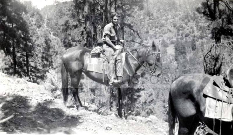 Man in Military Clothing on Horseback in a mountainous, wooded region