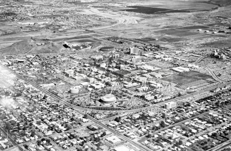 Aerial View ASU campus and Gammage Auditorium in lower center.