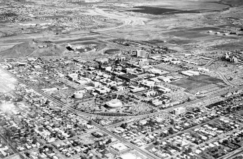 Aerial View ASU campus and Gammage Auditorium in lower center.