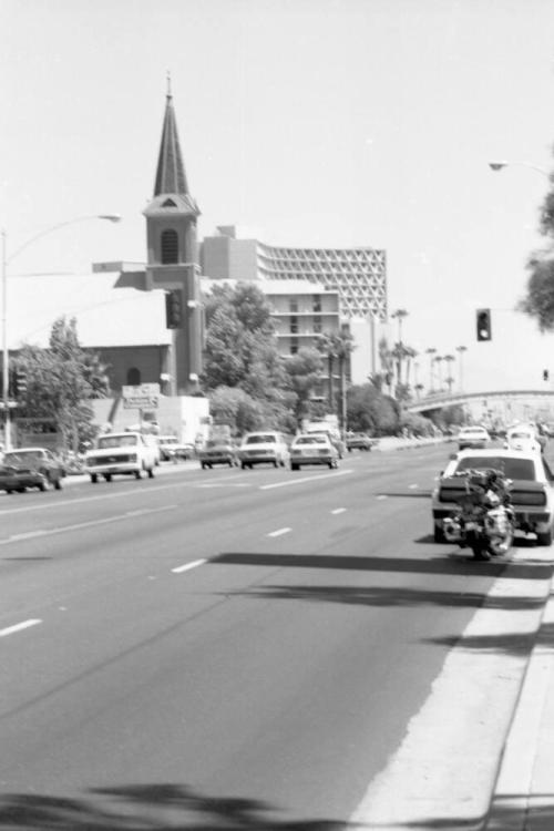 Looking east on University Drive with Saint Mary's Church and ASU Manzanita Dorm on left.
