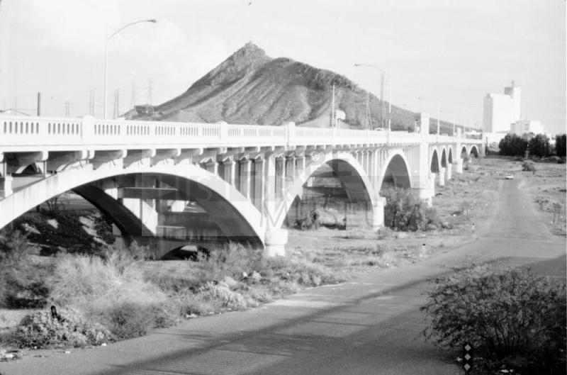 Looking southeast at Mill Avenue Bridge, Tempe Butte, and Hayden Flour Mill