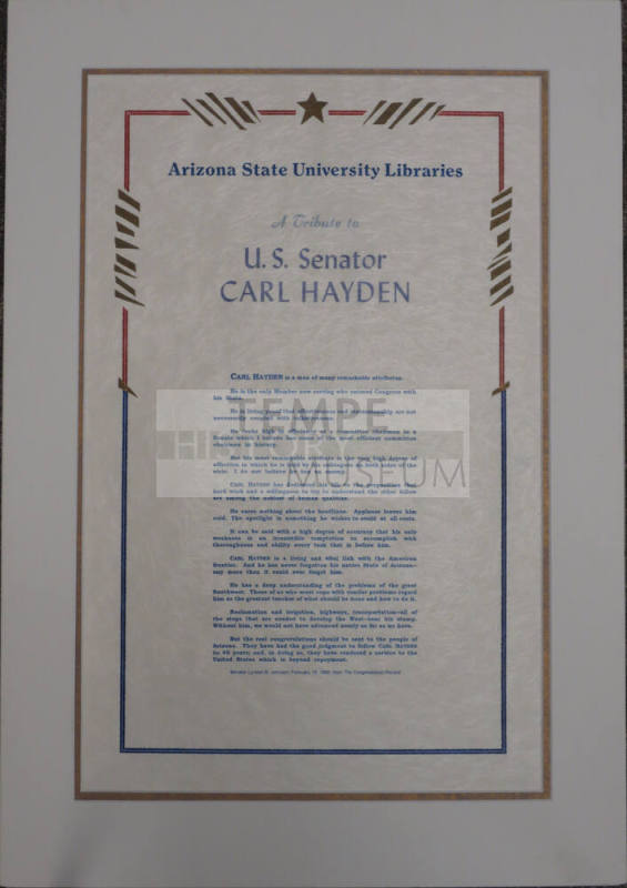 A Tribute to Carl Hayden fron Senator Lyndon B. Johnson