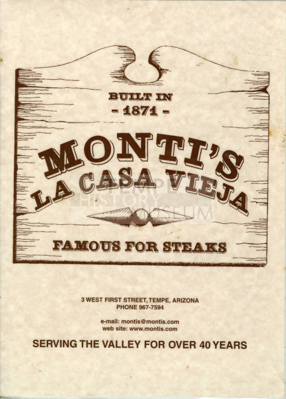 Menu: Monti's La Casa Vieja Famous for Steaks
