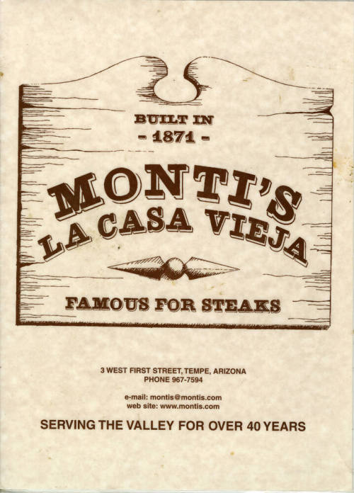 Menu: Monti's La Casa Vieja Famous for Steaks