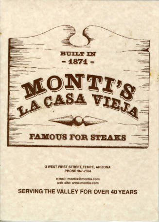 Menu: Monti's La Casa Vieja Famous for Steaks