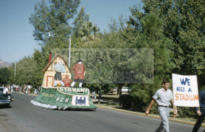 Phi Sigma Kappa Fraternity Float in Arizona State University Homecoming Parade 1956