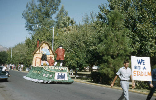 Phi Sigma Kappa Fraternity Float in Arizona State University Homecoming Parade 1956