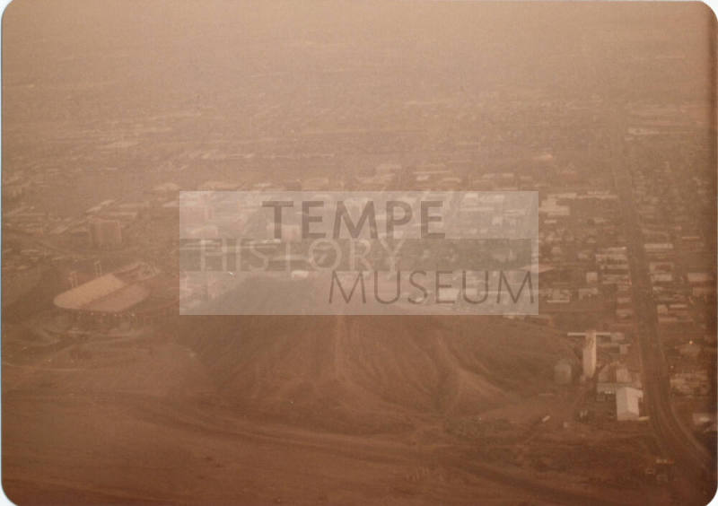 Aerial view of Hayden Butte, Tempe, at Salt River, 1982