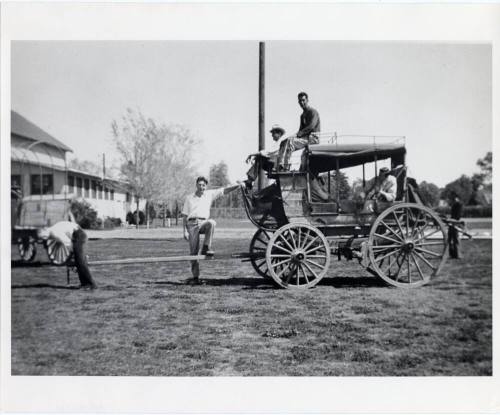 Group of Young Men Posed with Stagecoach for Drama Production